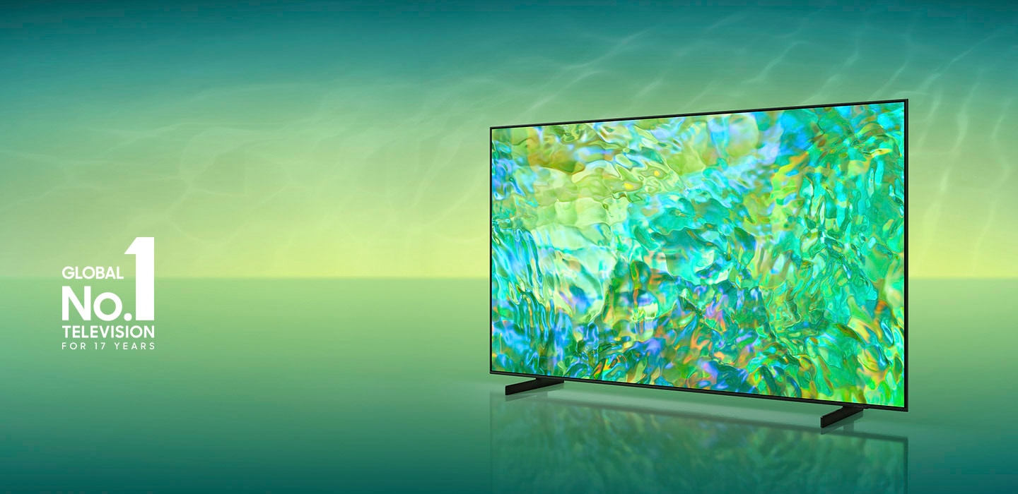A Crystal UHD TV is displaying a very colorful graphic on its screen.