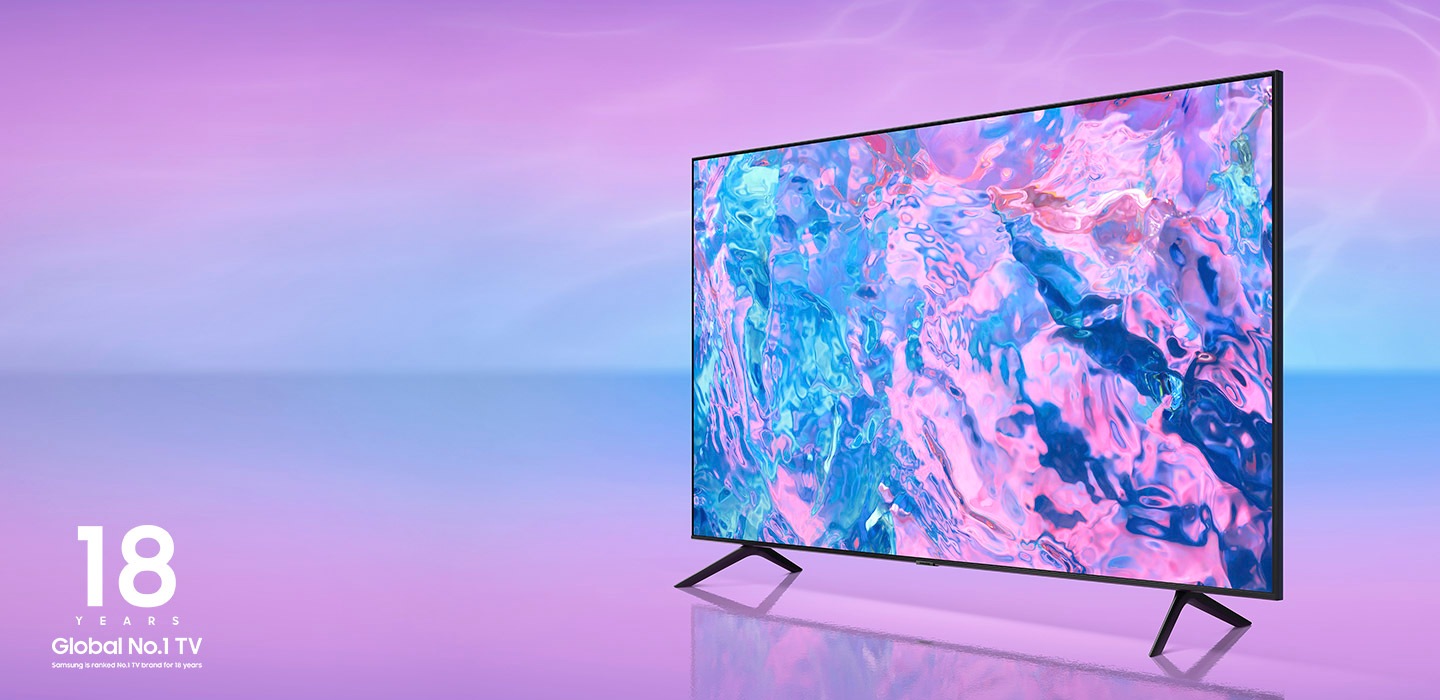 A Crystal UHD TV is displaying a very colorful graphic on its screen.