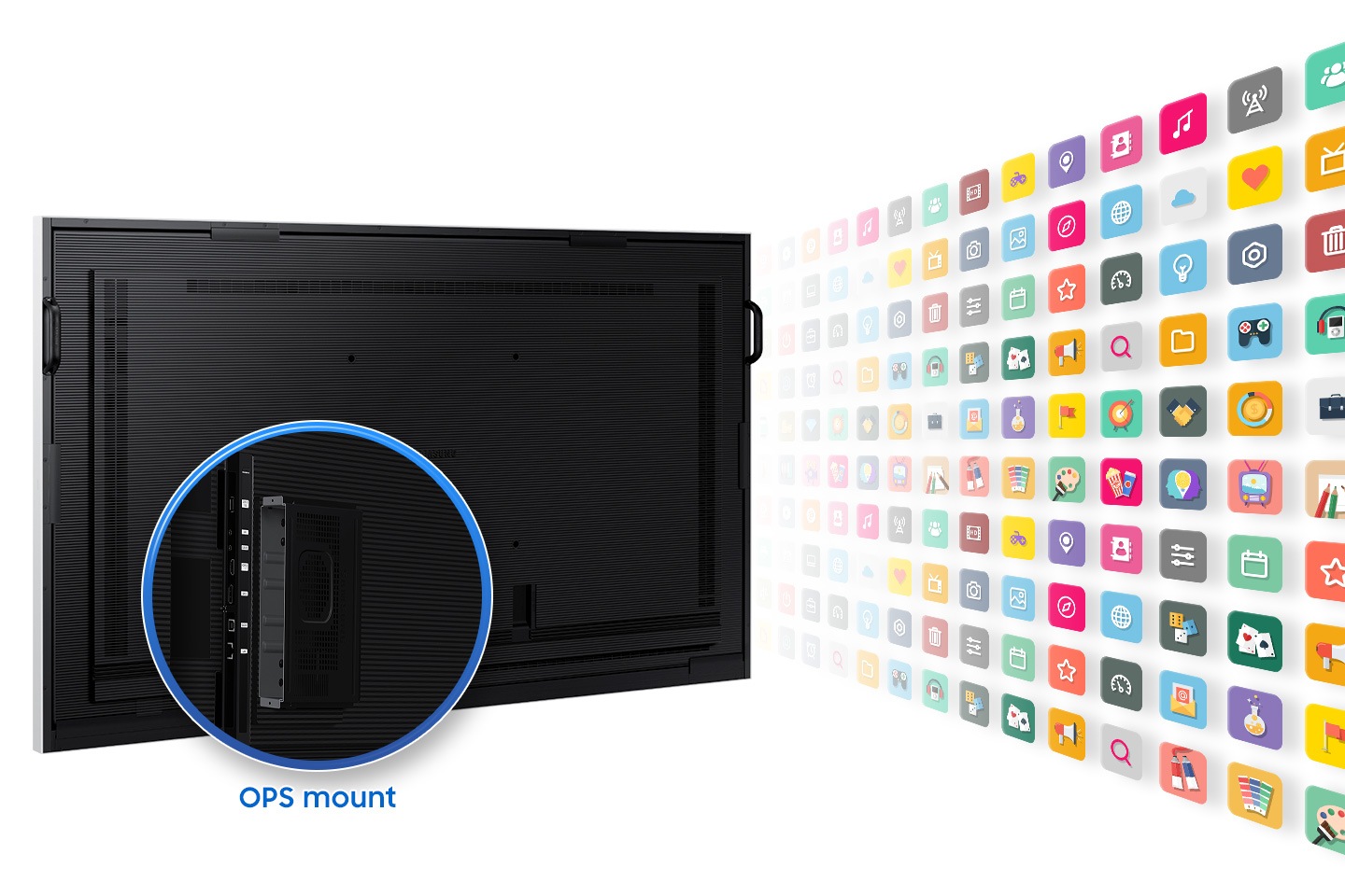 The OPS mount located on the back of the Flip Pro is enlarged and displayed. On the right, a number of app icons available through OPS are listed.