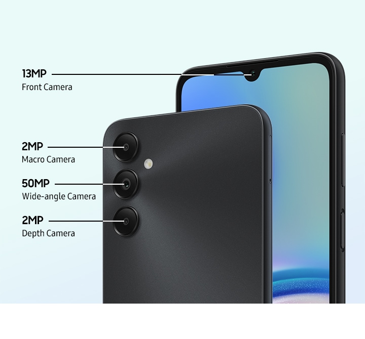 The front and back of the Samsung Galaxy A05s are shown to showcase its four multiple cameras including the 13MP Front Camera, the 2MP  Macro Camera, the 50MP Wide-angle Camera and the 2MP Depth Camera.