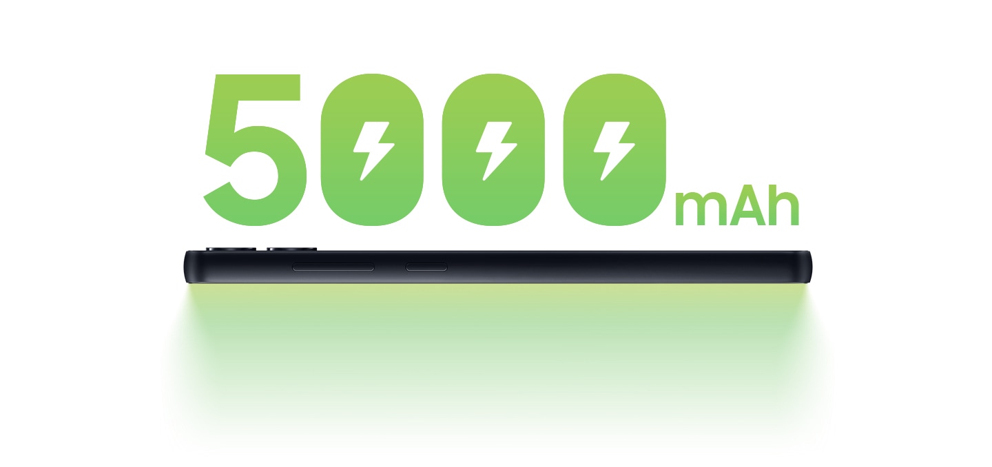 A horizontal side view of the Galaxy A05 is shown with'5000 mAh' above it in large, green letters.