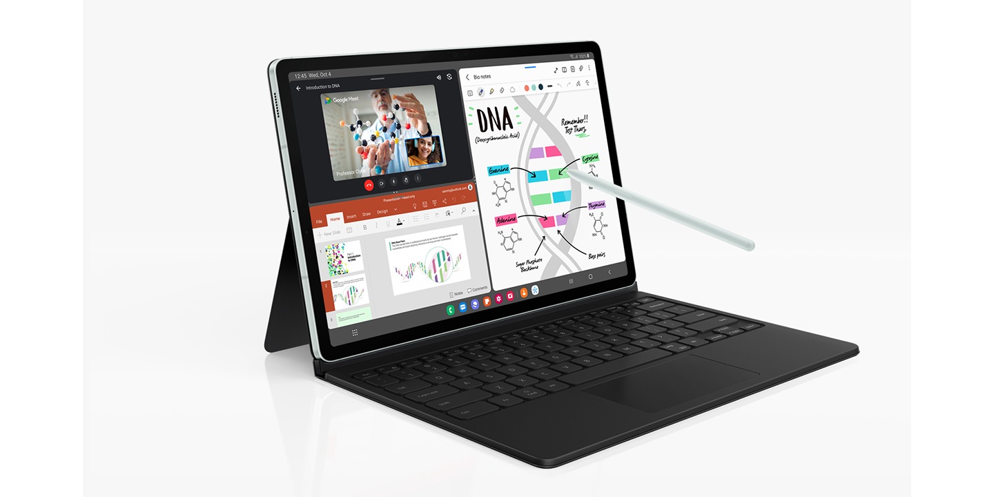 Galaxy Tab S9 FE+ in Mint propped up in Landscape mode with Book Cover Keyboard attached. S Pen is pointing at the device's screen with three apps open in multi windows.