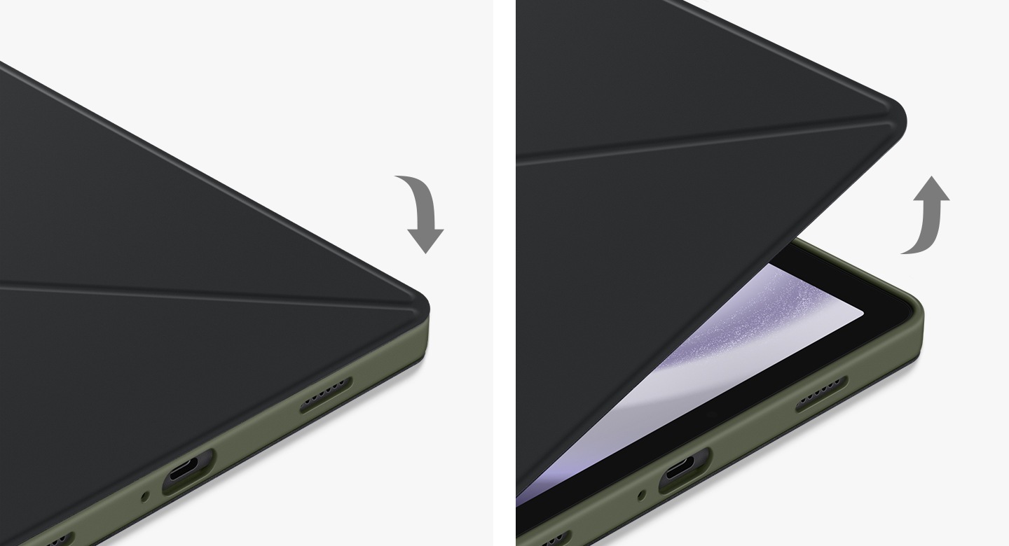 A Galaxy Tab A9 Plus device encased in Book Cover lying flat with the lid closed. Next to it, the cover's lid is slightly open with the device's screen turned on.