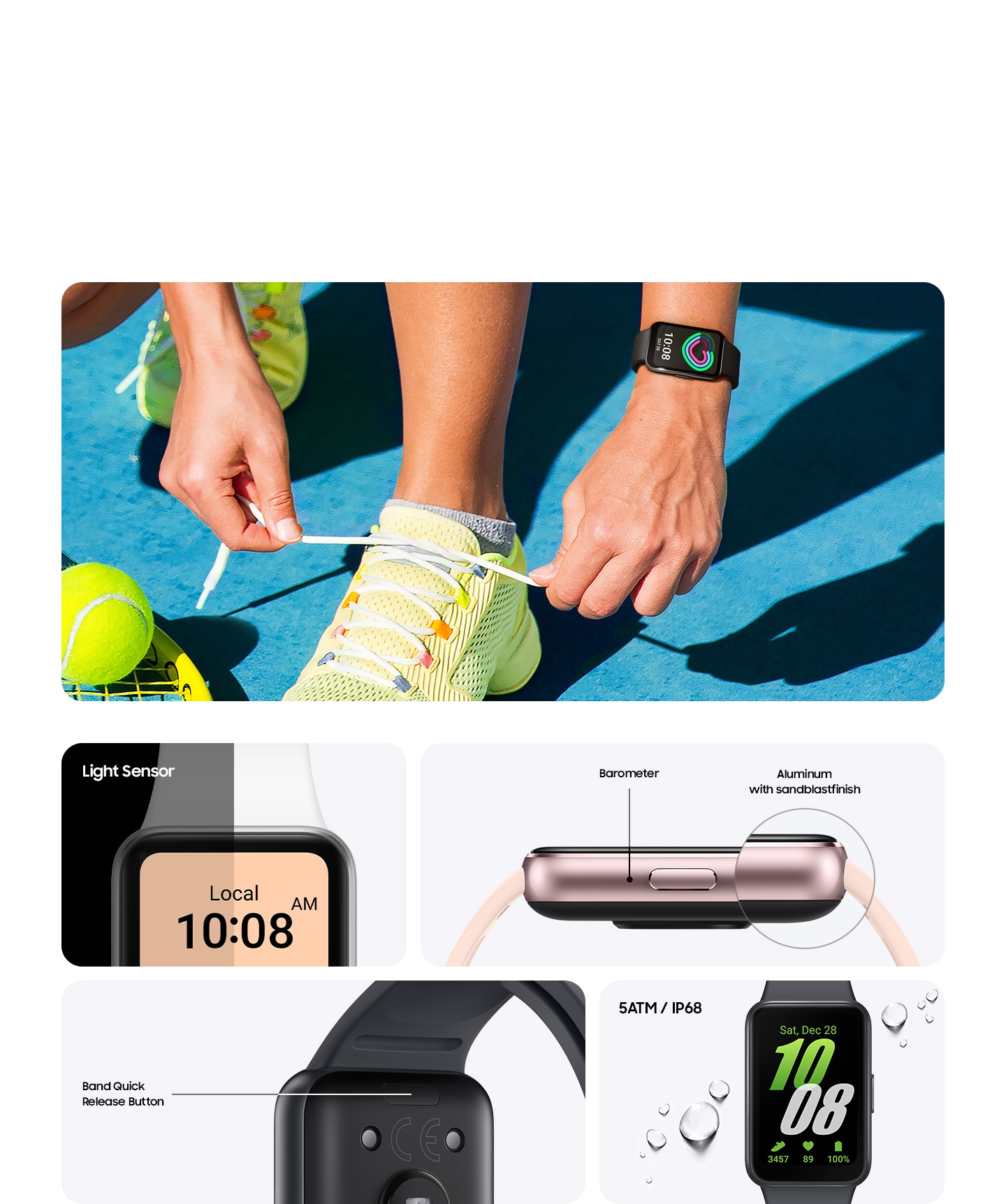 Alt_ top) Two hands tying shoelaces of a tennis shoe with one of them wearing Galaxy Fit3 with Daily Activity tracking feature on its display, 
Alt_bottom) Four tiles, each showing a different design feature of Galaxy Fit3. One with the Band Quick Release Button in the back. Another one with the side in close up to show Barometer and Aluminum with sandblastfinish. Another one with the screen where each half shows different brightness to indicate Light Sensor. The other one with water droplets on the screen to illustrate water resistance.