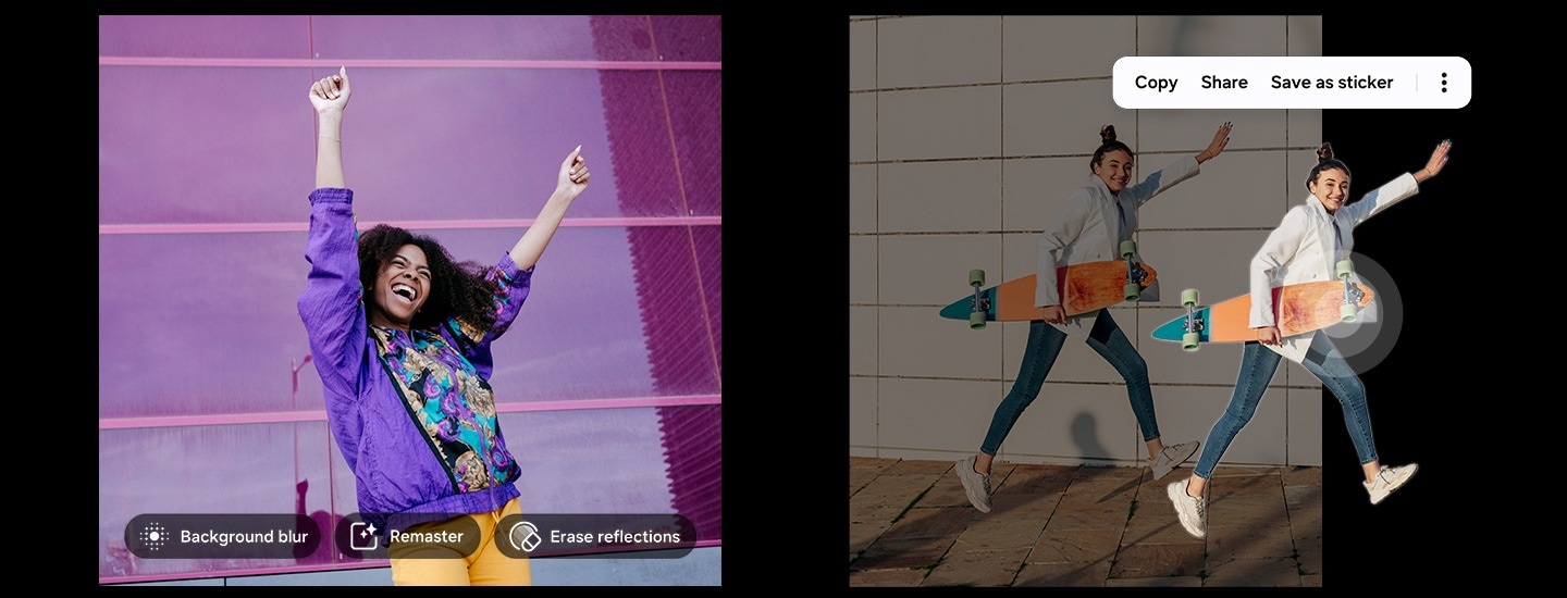 A split-screen image showcasing photo editing features. Edit Suggestion A joyful woman with raised arms with options for Background blur, Remaster, and Erase reflections. Image Clipper: A woman holding a skateboard has been duplicated and lifted from the background, with options to copy, share, or save as a sticker displayed.
