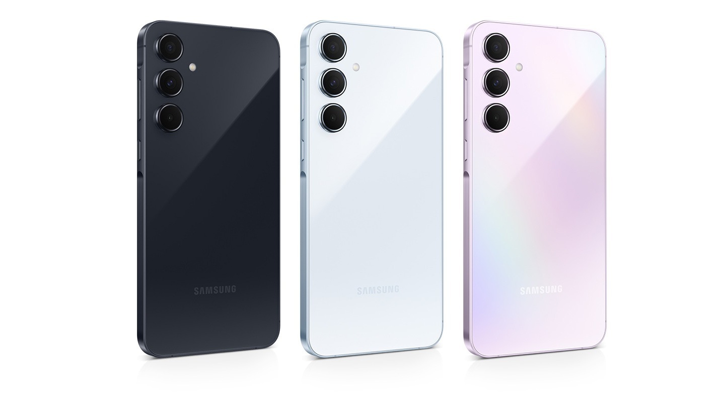 Three Galaxy A55 5G devices in a row with varying colors: Awesome Navy, Awesome Iceblue, and Awesome Lilac. Each Samsung Galaxy A55 features a 3-camera layout on the back.