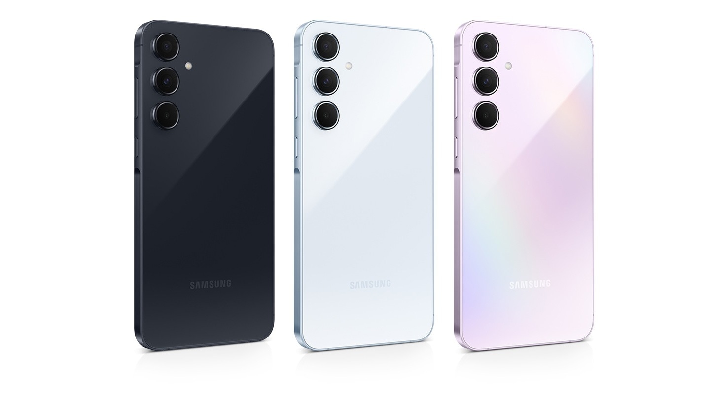 Three Galaxy A55 5G devices in a row with varying colors: Awesome Navy, Awesome Iceblue, and Awesome Lilac. Each phone features a 3-camera layout on the back.