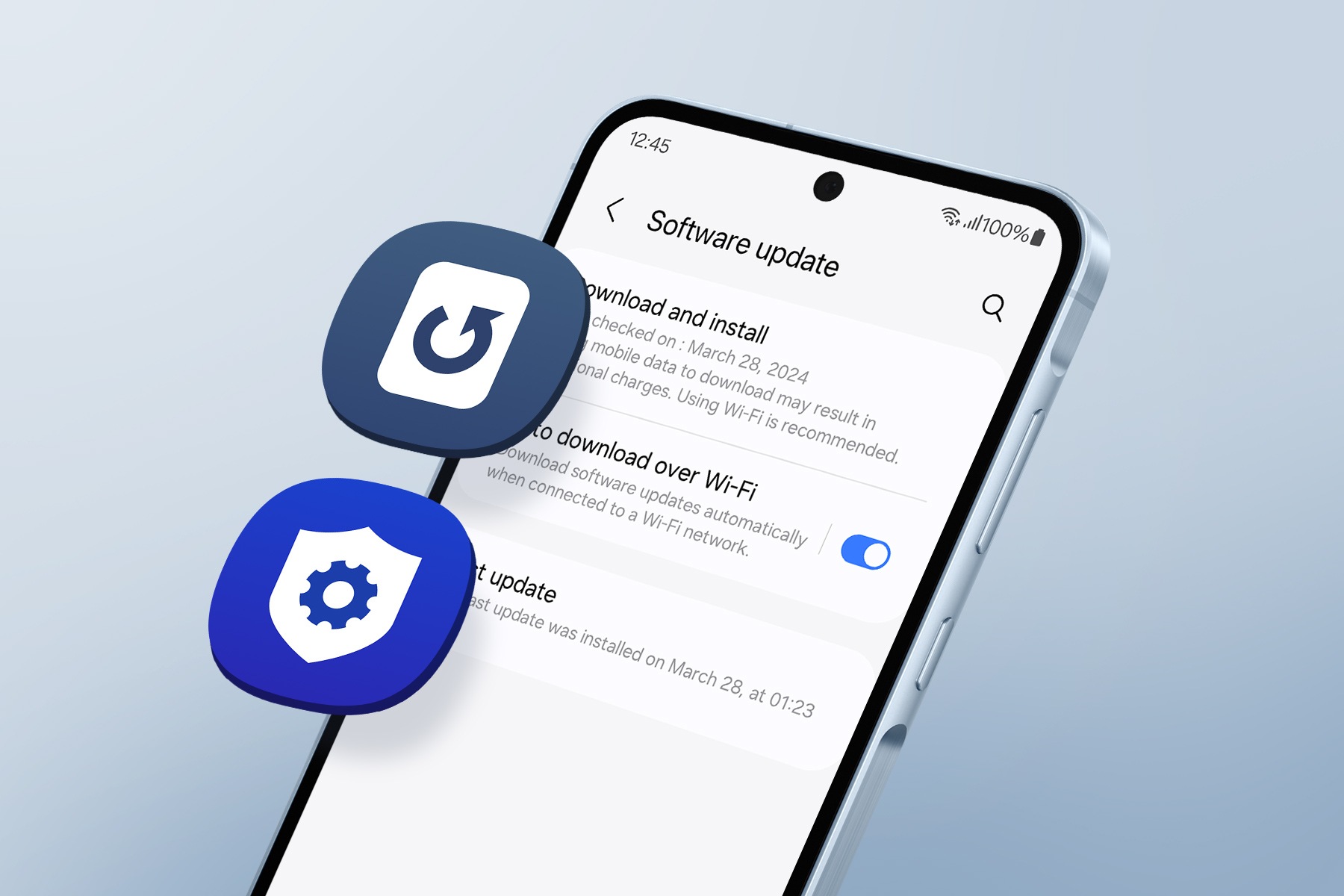 A Galaxy A55 5G screen displaying a Software update page. Floating above the screen are two icons, software update and security update symbols.