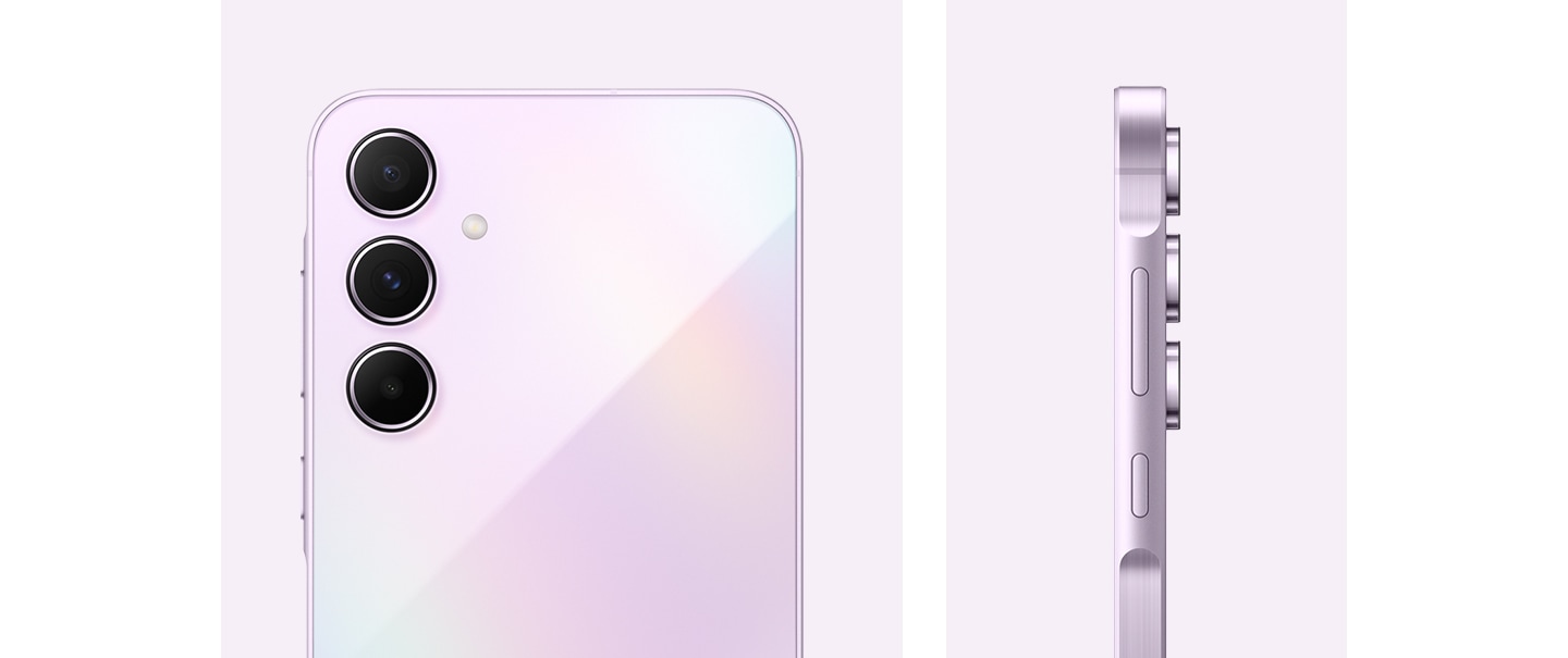 A Galaxy A55 5G in Awesome Lilac is showing its camera layout, rear view of the camera layout, and the side view of the device.