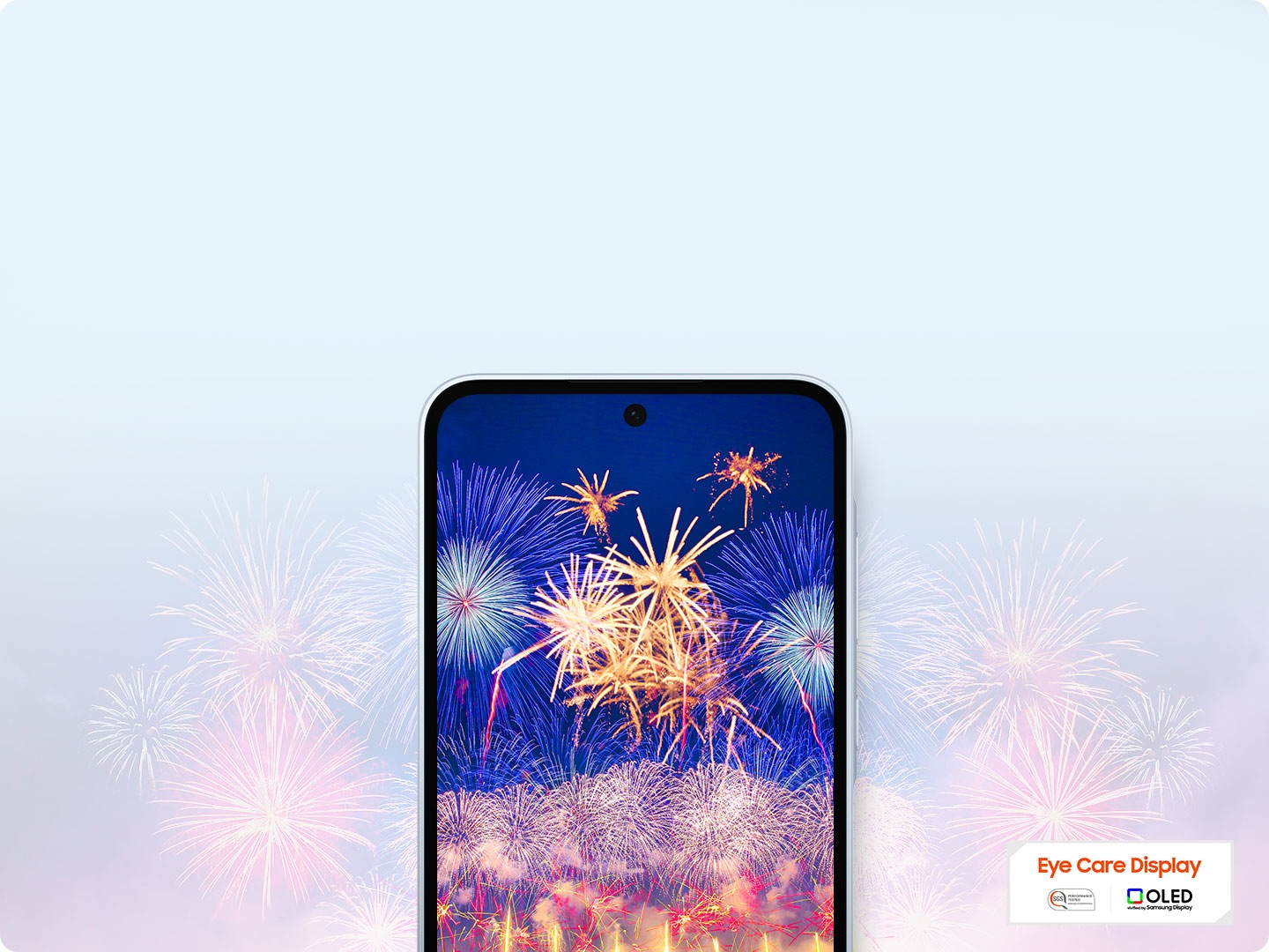 Samsung A35 5G smartphone is showcasing a vibrant display of fireworks on the screen. With an 'Eye Care Display' and OLED technology logo.