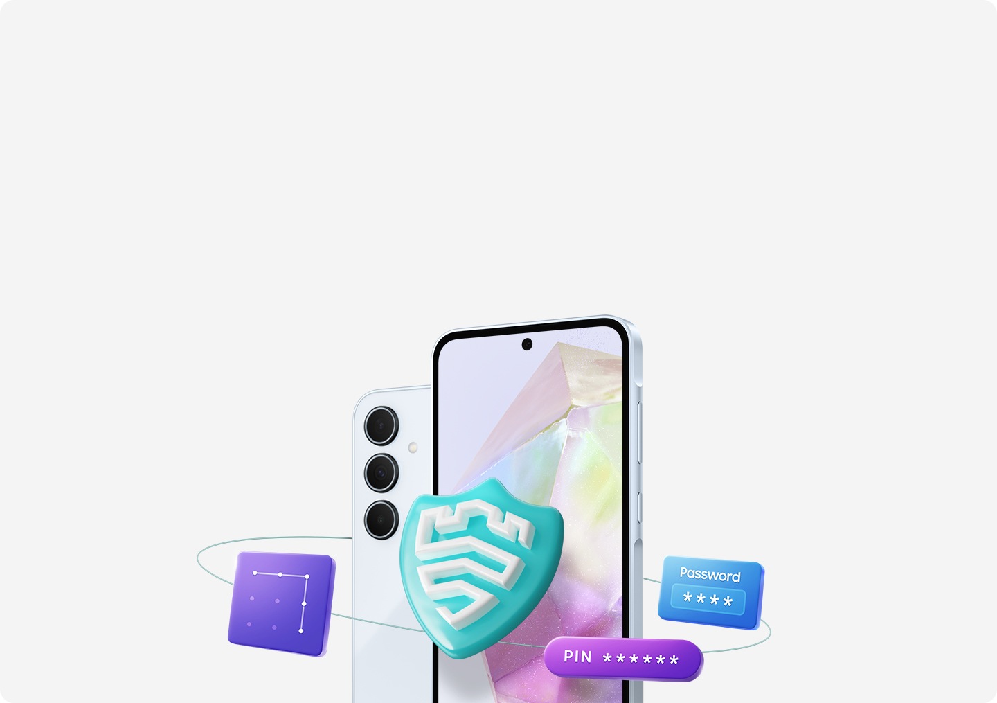 Galaxy A35 5G with Samsung Knox security icon on the screen, surrounded by the icons of password, PIN and pattern.