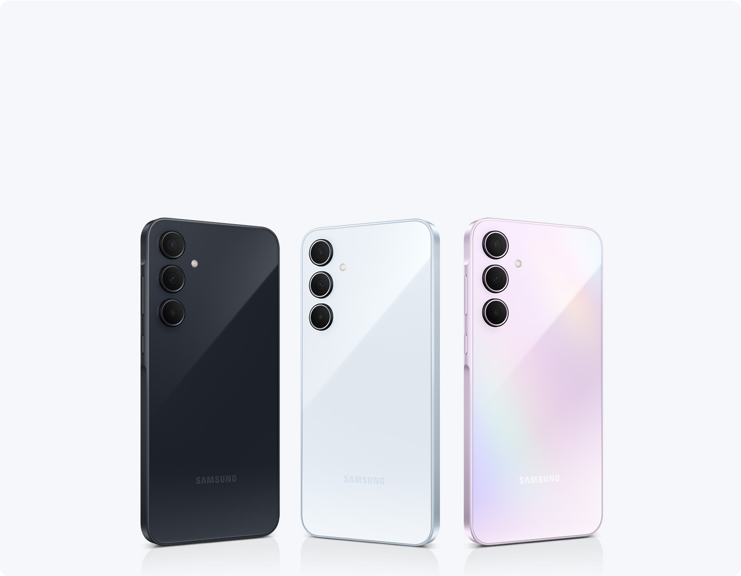 Three Samsung Galaxy A35 smartphones are in a row with varying colors: Awesome Navy, Awesome Iceblue, and Awesome Lilac. Each Galaxy A35 phone features a 3-camera layout on the back.