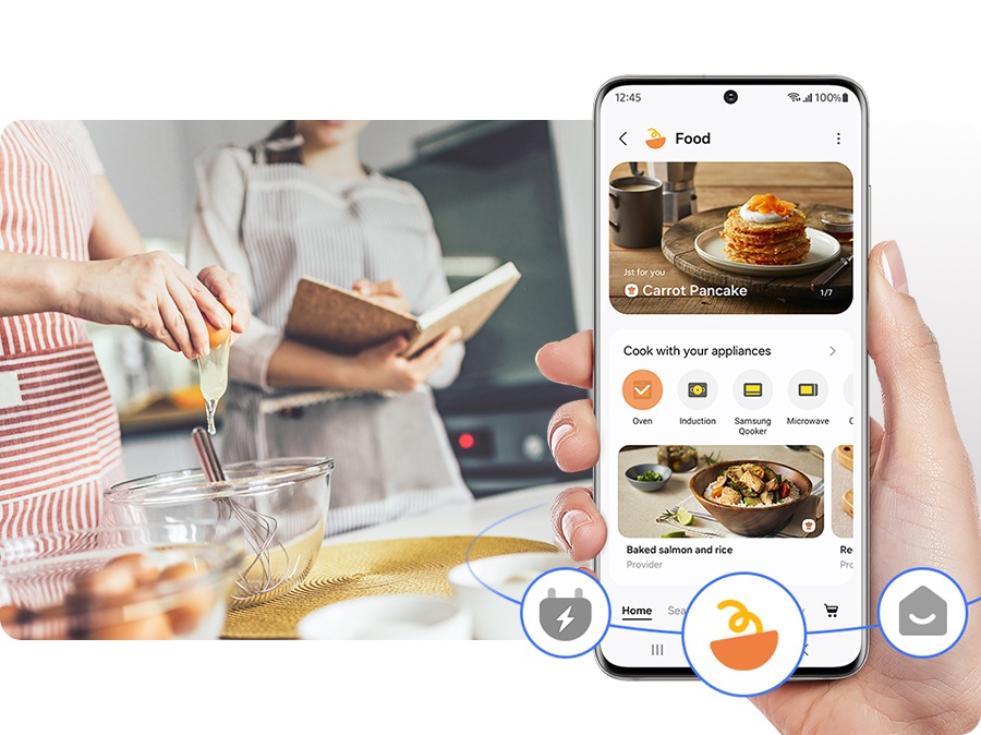 A person is using the SmartThings Mobile App for cooking. A user can be offered recipes.