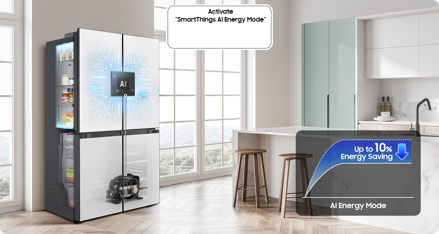 There is a Bespoke fridge in a sunlit kitchen with an AI processor. The toggle for 'Activate SmartThings AI Energy Mode' is on. AI Energy Mode's energy consumption graph indicates up to 10% energy savings.