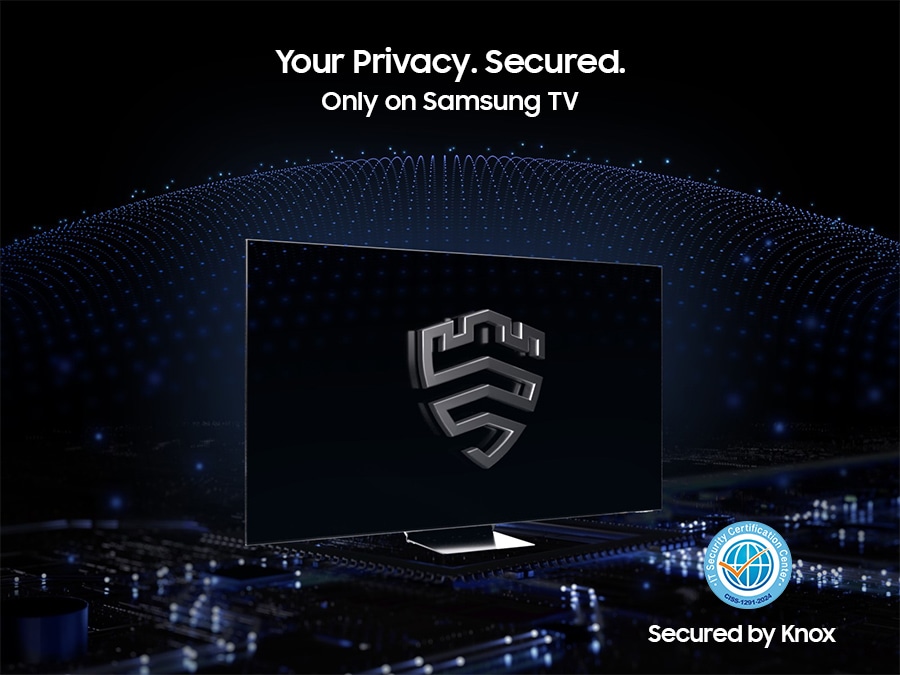 A multi-layered security solution is creating a dome-like enclosure behind a TV that's secured by Knox. The screen features the Samsung Knox emblem. The text Your privacy. Secured. Only on Samsung TV is on display on top. Secured by Knox logo.