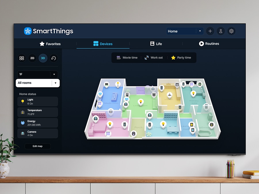 SmartThings on Samsung TV shows the 3D Map View of a home, mapping its various connected devices. The home status column on the side shows that lights and cameras are turned on, and displays the current temperature and energy consumption levels.