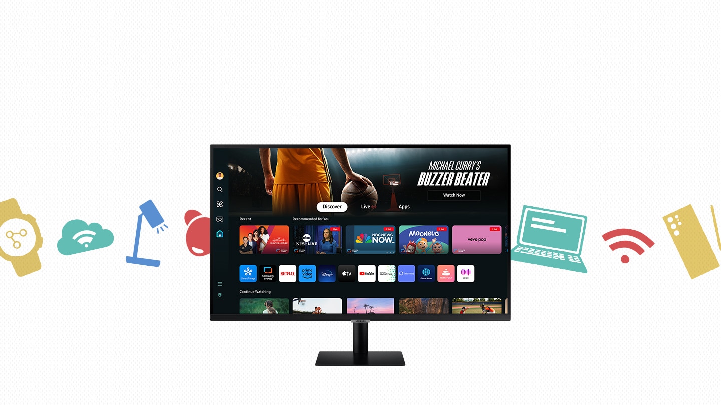 There is a smart monitor, and behind it, there are icons that represent devices that can be connected to the monitor demonstrating multi device experiences.