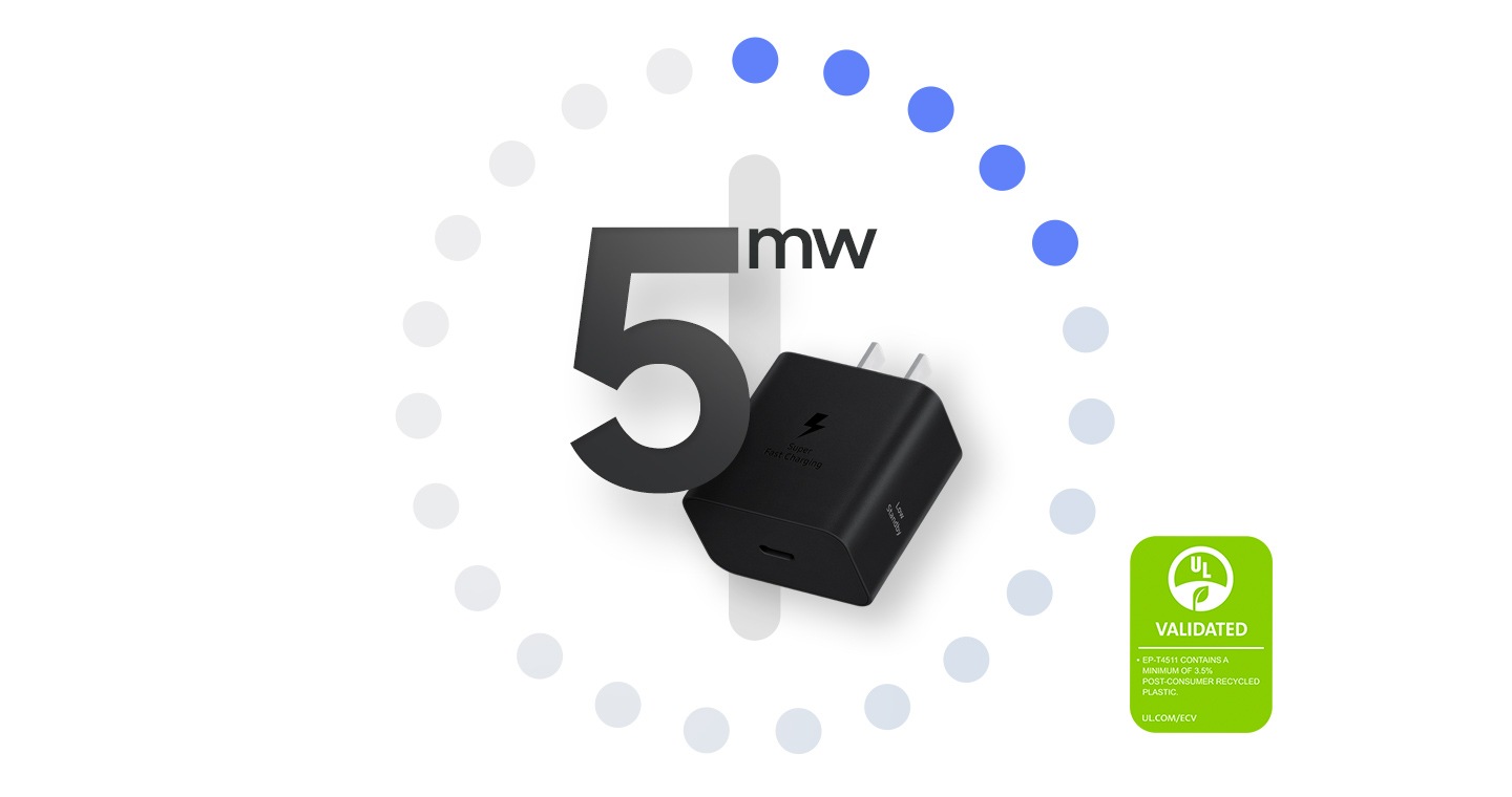 A black Power Adapter is shown port-side up with the text that reads '5mw'. On the right, a UL Environmental Claim Validation Mark is shown that reads ‘VALIDATED. EP-T4511 CONTAINS A MINIMUM OF 3.5% POST-CONSUMER RECYCLED CONTENT. UL.COM/ECV'.