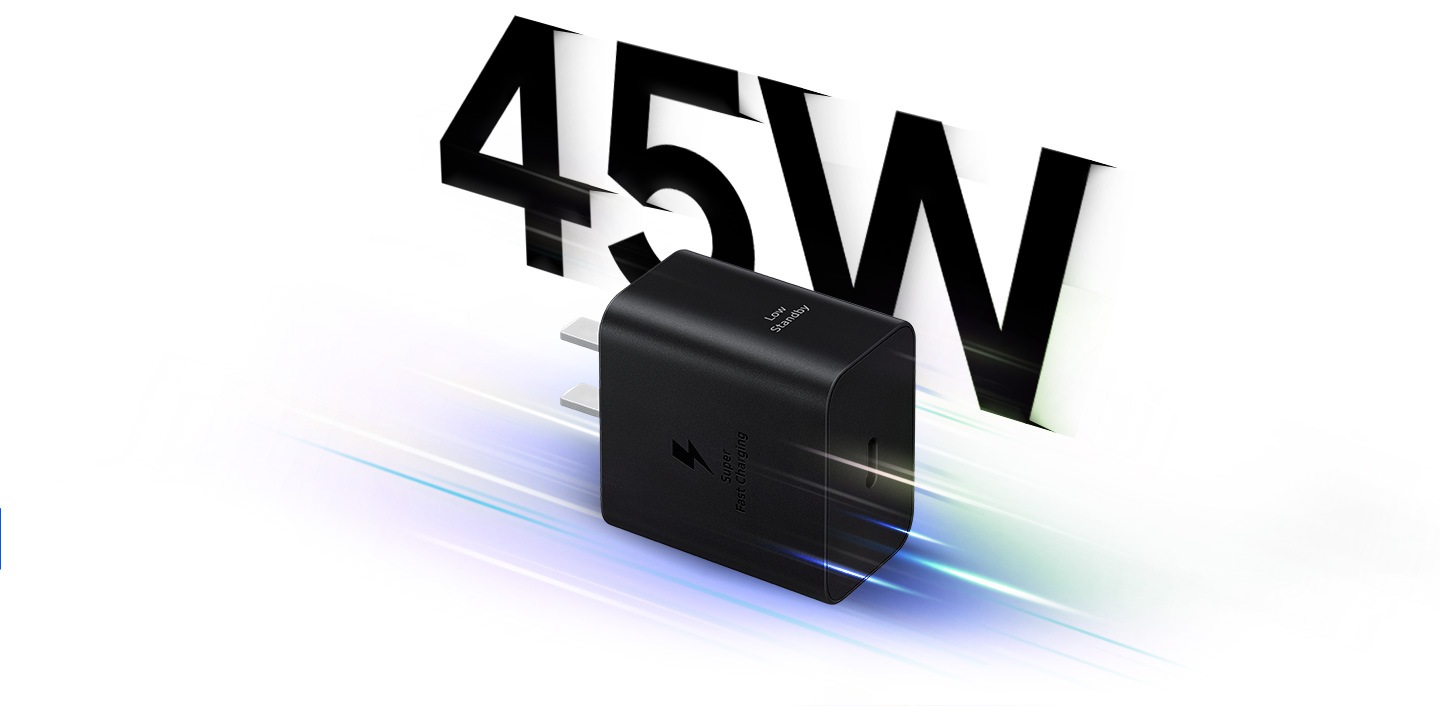A 45W black Power Adapter is lying sideways as if moving forward, indicating super fast charging.