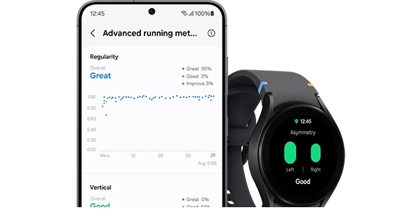 A black Galaxy Watch FE with a black stitch band is seen from the slanted right front. The watch face displays the time and the asymmetrical analysis of the left and right foot with the result saying 'good’. To the left of the watch, a Galaxy S24 shows the interface of advanced running analysis, indicating the overall running performance.