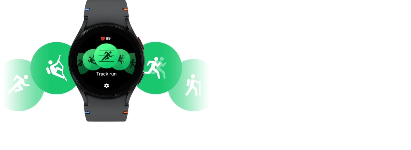 A black Galaxy Watch FE with a black stitch band is seen from the front. On both sides of the watch, various sport icons such as swimming, hiking, and running rotate from right to left, changing the exercise in action displayed on the watch face.