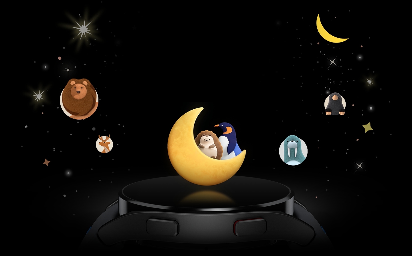 Different sleep animal symbols, including a lion, deer, penguin, hedgehog, sea lion, and mole, are floating in a starry night sky along with some stars. The penguin and hedgehog are resting on a yellow crescent moon. Below the crescent moon, there is a black Galaxy Watch FE seen from the side.