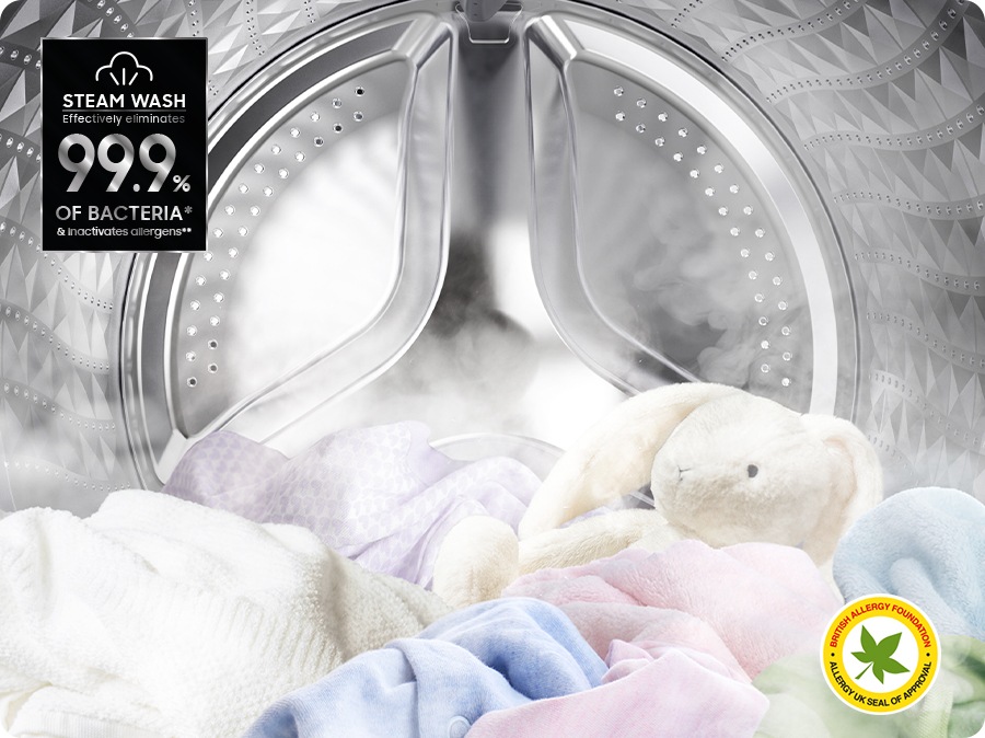 Steam is dispersed inside the washing machine and soak clothes in the drum. Steam Wash effectively eliminates 99.9% of bacteria* & inactivates allergens**. Steam wash certified by BRITISH ALLERGY FOUNDATION and ALLERGY UK SEAL OF APPROVAL is shown in right bottom.
