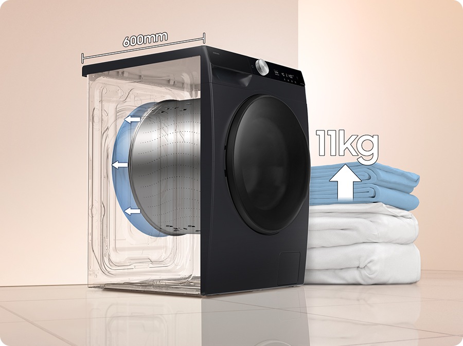 At the bottom left, SpaceMax™ feature is shown in icon. The depth of the washer drum has increased to 600mm, and the capacity has increased from 9kg to 11kg. It can wash even large duvet.