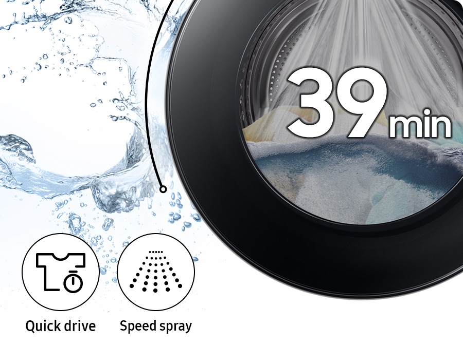 Towels and clothes is in the drum and washing takes 39 min with the powerful speed spray. Quick drive and Speed spray features are shown in icons.