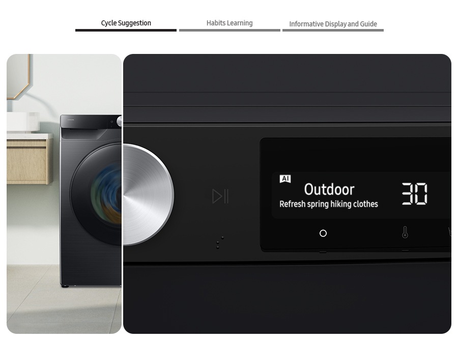 The AI washer’s control panel displays the Cycle suggestion, Habits learning, Informative display and guide. 