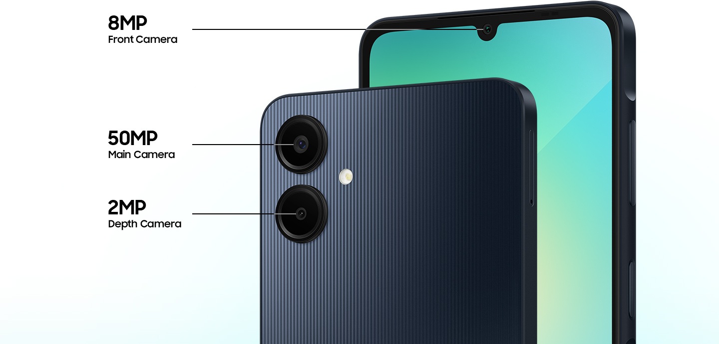 Specificațiile camerei Galaxy A06 citesc „cameră frontală de 8 MP”, „camera principală de 50 MP” și „camera de adâncime de 2 MP”.