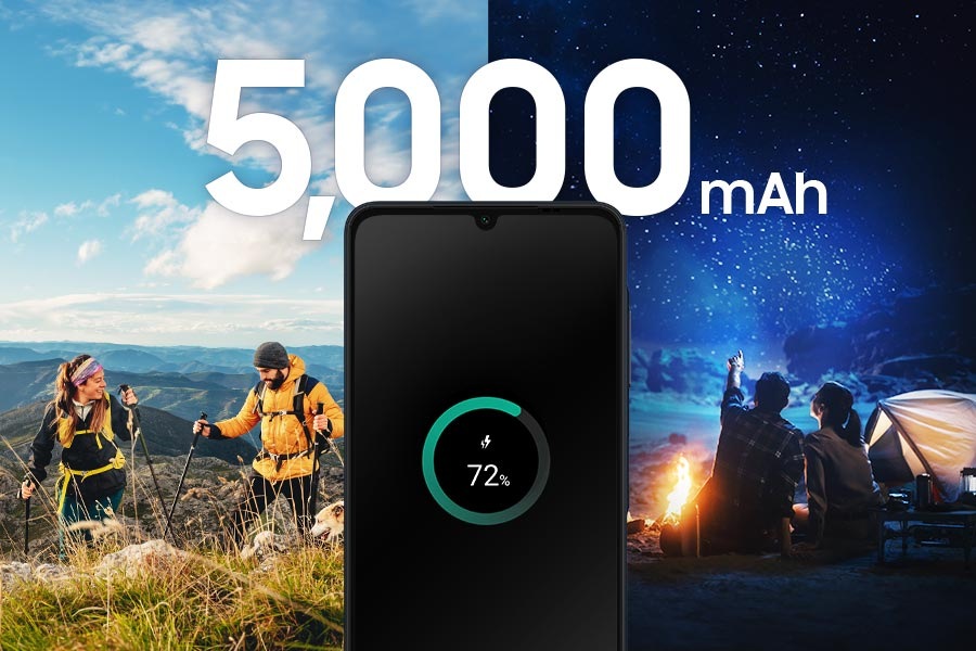 The Galaxy A06 shows 72% charge and on the top it reads '5,000 mAh'. The background depicts people hiking during the day and camping at night, illustrating how long a single charge lasts.