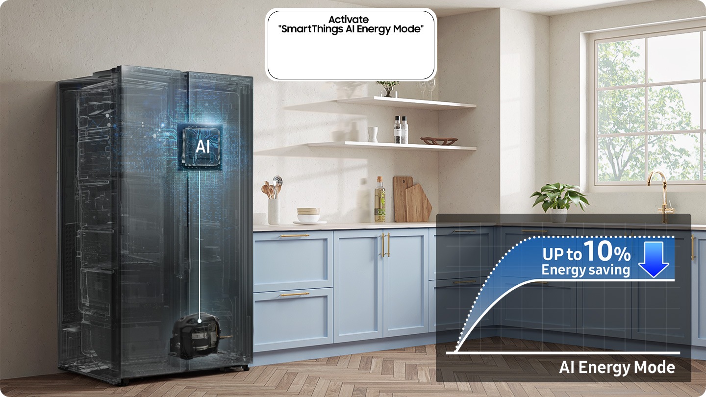 The refrigerator installed in the kitchen with the Activate “SmartThings AI Energy Mode” button ON. The AI Energy Mode is turned on, AI activated to check internal and manage the compressor, and a graph shows the UP to 10% Energy Saving effect when in AI Energy Mode compared to Normal mode.