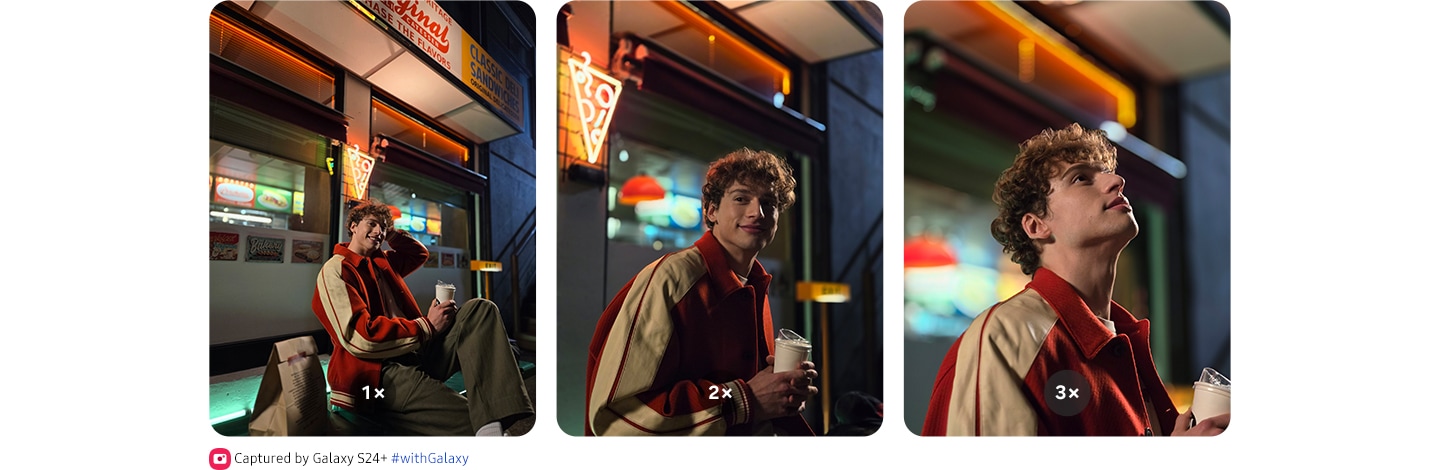 A vivid, detailed Nightography photo of a man at 1x zoom. A vivid, detailed Nightography photo of a man at 2x zoom. A vivid, detailed Nightography photo of a man at 3x zoom.