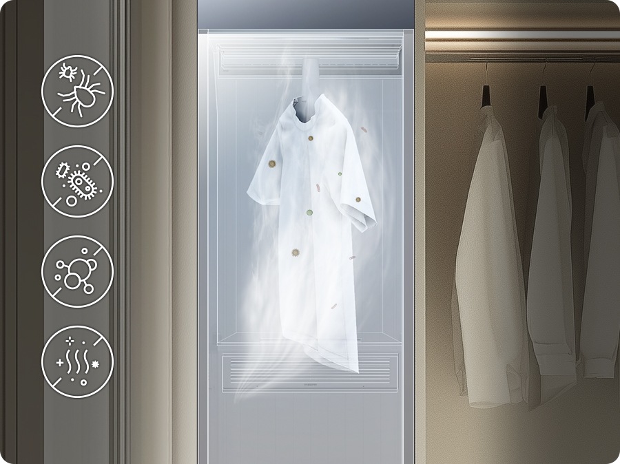 The steam is ejected from the bottom up, and the steam eliminates the house dust mites, bacteria, viruses, pollens and dry cleaning solvent from clothes. These features are represented by icons.