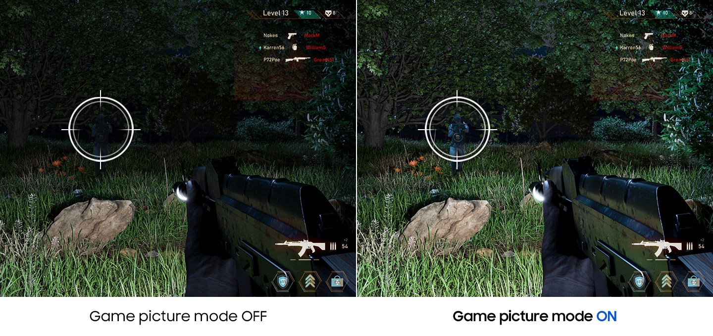 In the same shooting game screen, it's difficult to see details well in the left with game picture mode OFF, but no problem in the right with game picture mode ON.