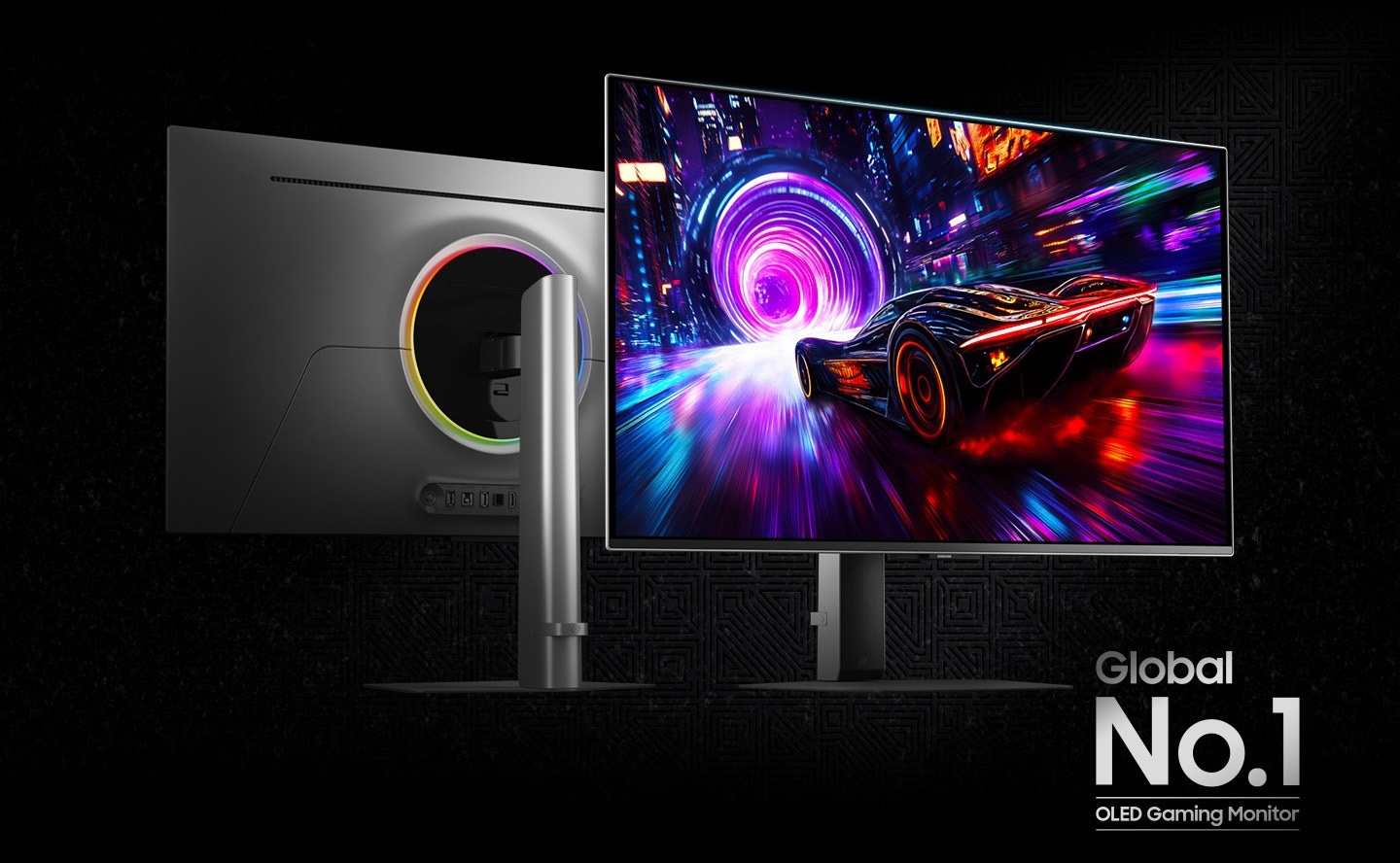 Odyssey OLED G8 front and back monitors. Screen shows a car racing towards a purple tunnel. No.1 OLED Monitor logo.