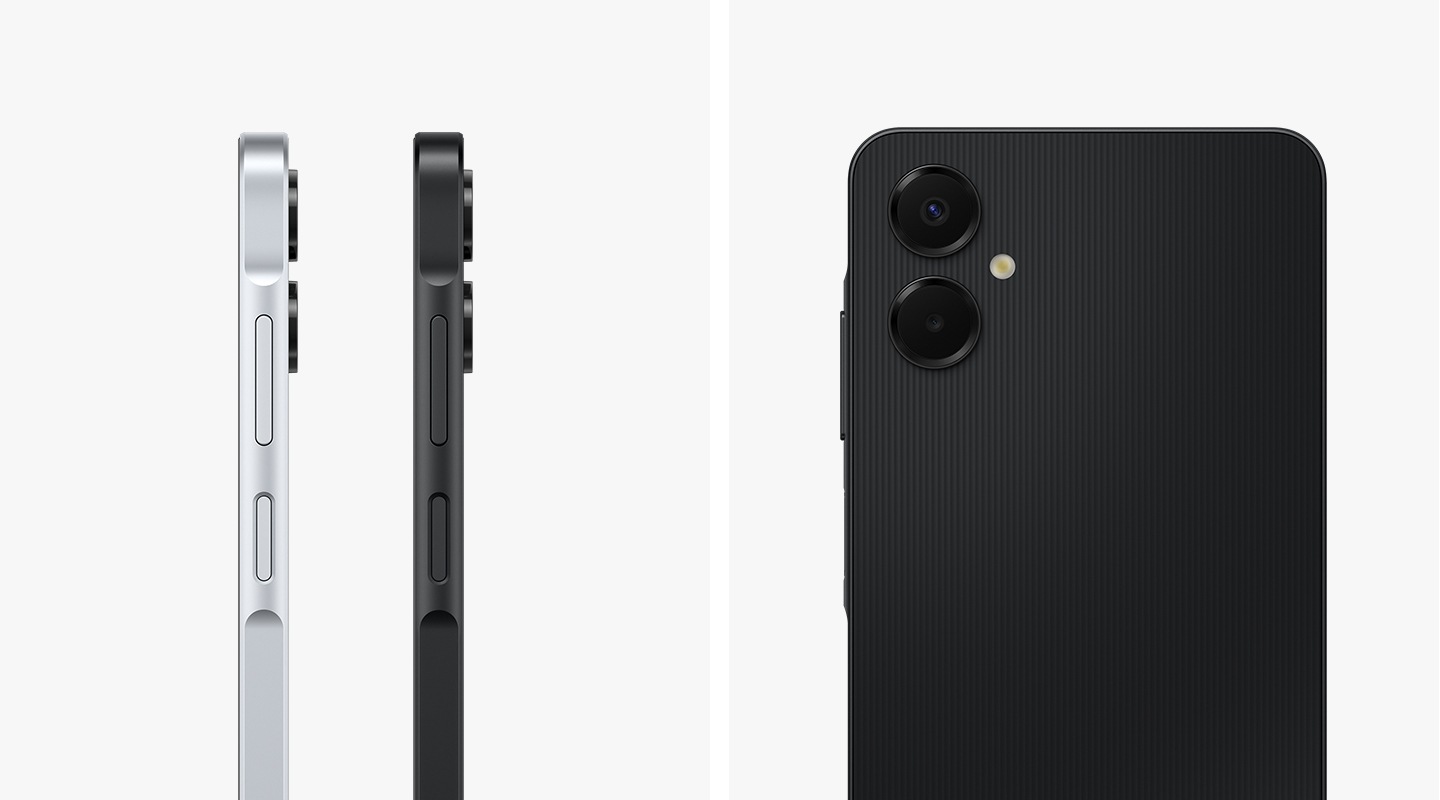 The side profile of two Galaxy A06 5G in Light Gray and Black are shown. The back view of a Black Galaxy A06 5G is shown as well, highlighting its dual camera setup and the overall slimmer design.