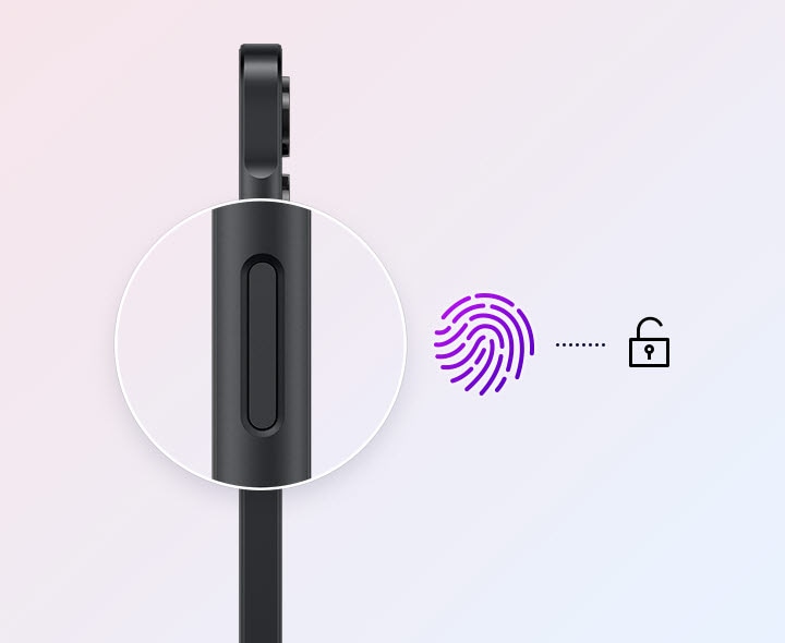 Side view of the Galaxy A06 5G is shown. The fingerprint sensor is highlighted with a lock and fingerprint icons indicating the unlocking functionality.