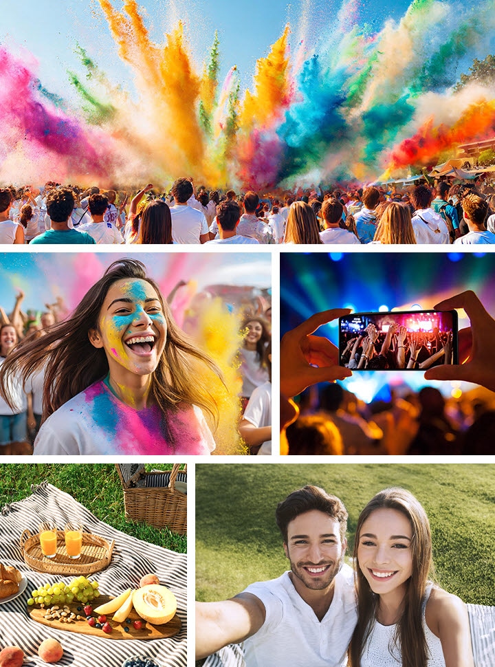 A crowd celebrating with colorful powder. On the middle left, a woman is smiling with colorful powder on her face. On the middle right, a hand holding the Galaxy A06 5G is capturing a concert from afar. On the bottom left, a picnic setup with food and drinks on a blanket is shown. On the bottom right, a smiling couple is taking a selfie outdoors.