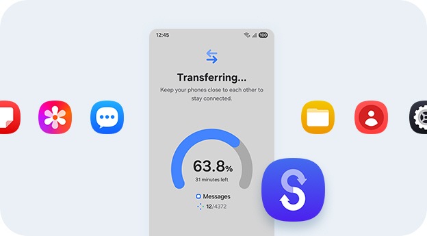 A smartphone displaying a data transfer process. Around the phone are colorful app icons and a Smart Switch logo.