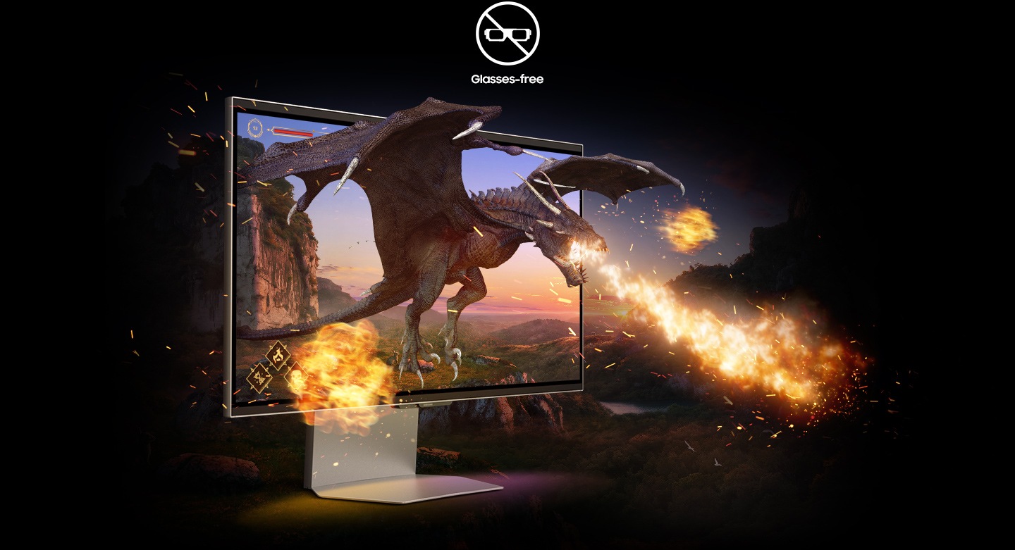 The gaming background extends out of the game. A dragon flies out of a monitor, breathing out fire. Glasses-free icon.