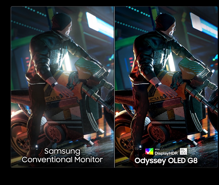 Image of character on motorcycle is clearer on VESA Certified DisplayHDR TrueBlack 400 Odyssey OLED G8, compared to on Samsung Conventional Monitor.