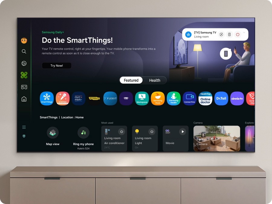 The home screen for Samsung Daily+ shows apps and services. The screen scrolls down to highlight the Most Used smart devices. Screen scrolls up and shows the category switching from Featured to Health. Scrolls back down to show the Workout Tracker options. The Galaxy Watch 6 option is highlighted.