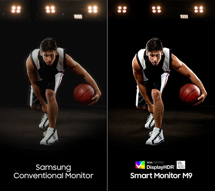 Smart Monitor M9 shows a clearer image of basketball player dribbling compared to Samsung Conventional Monitor. VESA Certified DisplayHDR True Black 400 logo.