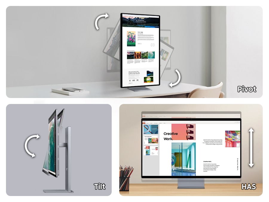 A monitor turns sideways with Pivot. Another monitor moves back and forth with Tilt, and the last monitor goes up and down through HAS.