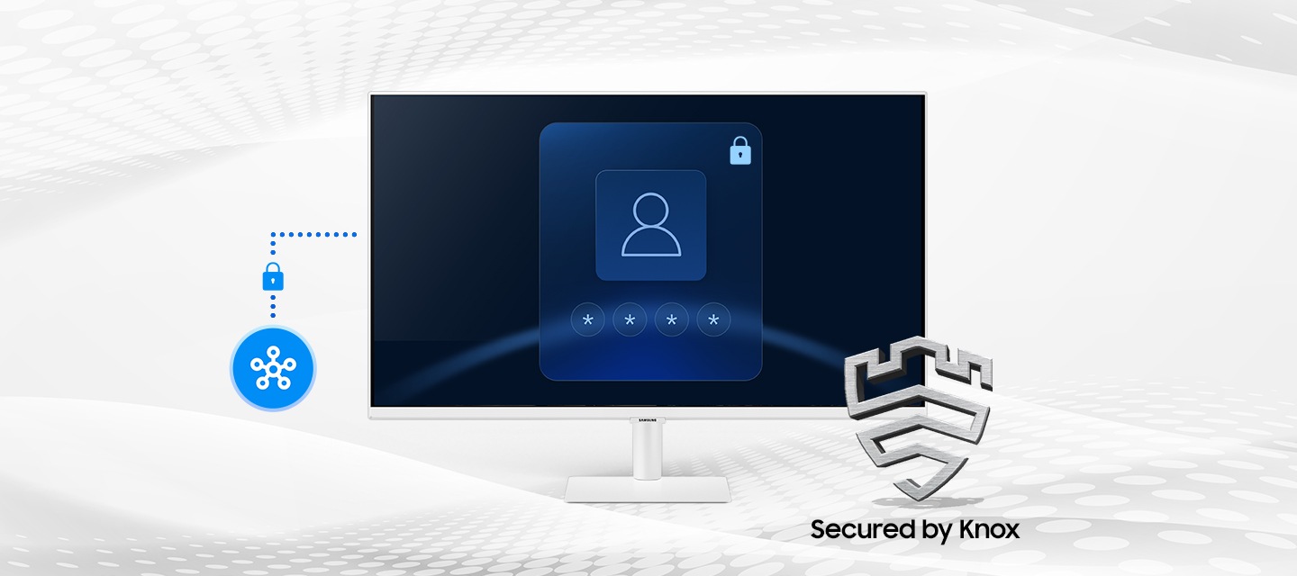 SmartThings links to the monitor. Monitor shows a secure login screen. Secured by Knox logo.