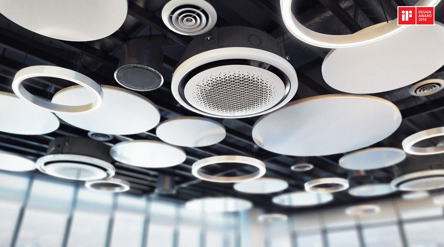 Màn hình 360CST tuyệt đẹp được lắp đặt trên trần nhà có thể nhìn thấy rõ, cùng với dấu hiệu Giải thưởng Thiết kế IF năm 2016.