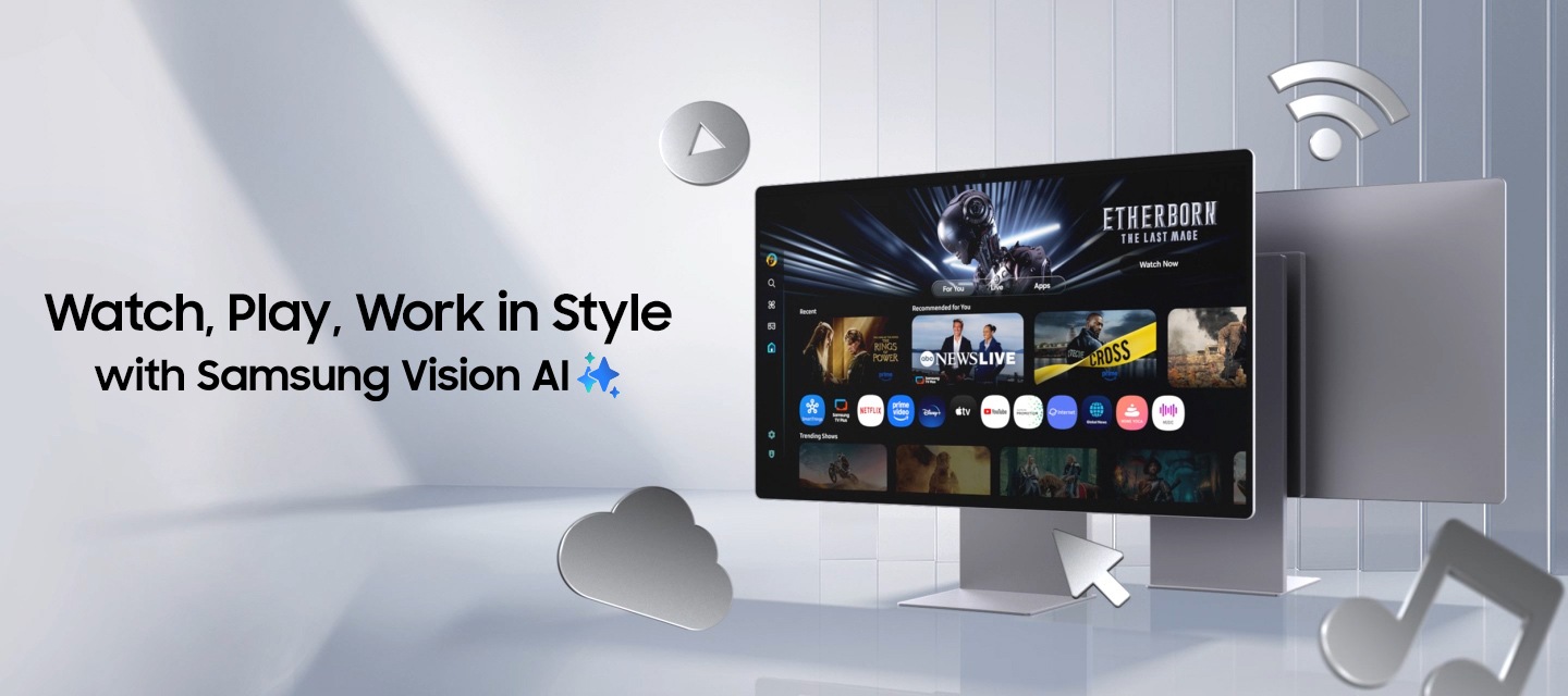 Watch, Play, Work in Style with Samsung Vision AI. Samsung Smart Monitor M9 enlarges as various icons, such as Samsung TV Plus, and AI, and multiple scenes enter the screen. Cursor, Wi-Fi, music, play button, and cloud icons pop out of the monitor as it rotates. Back panel is also shown.