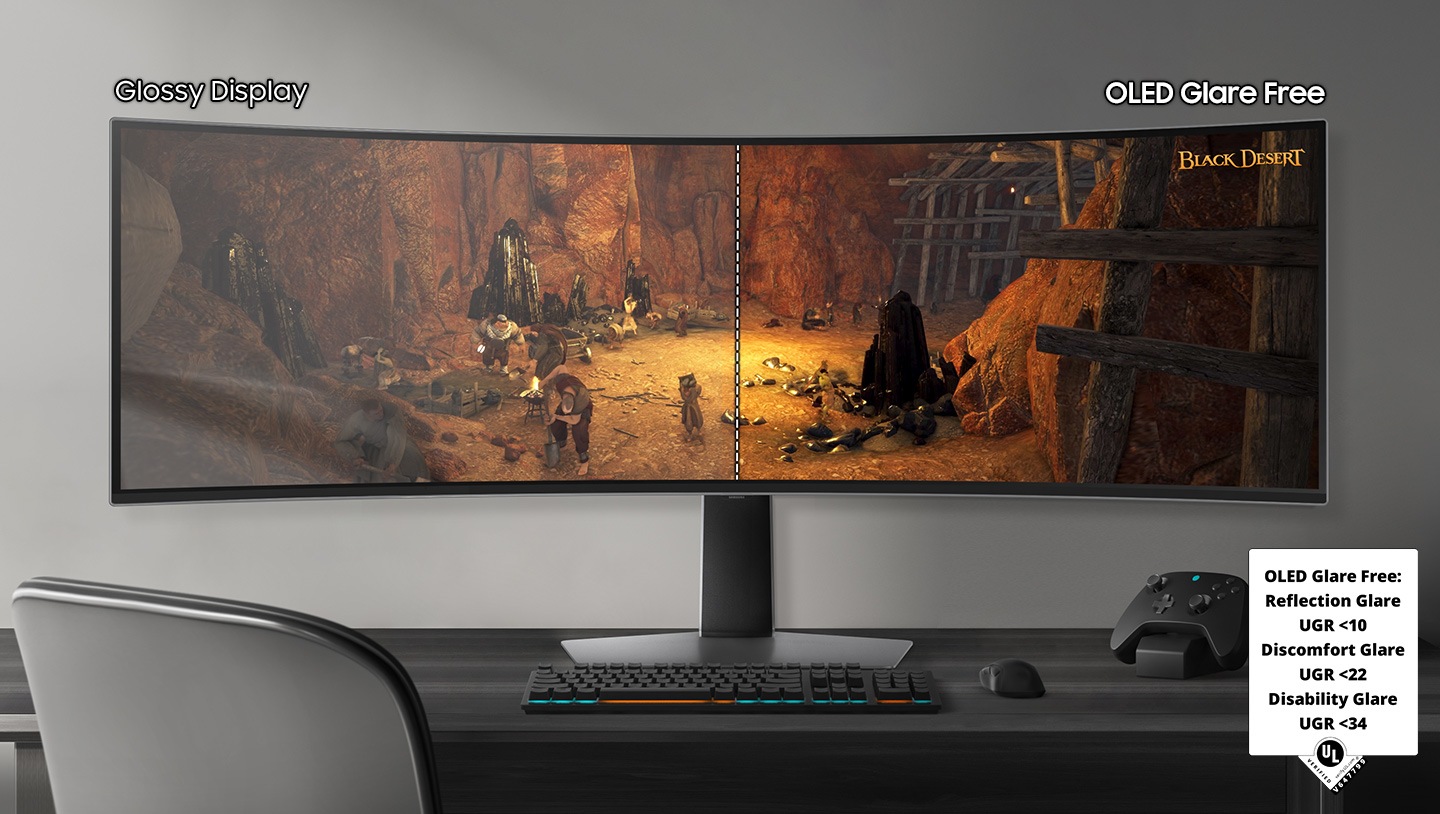 A monitor sits on a desk in a bright room, with a mouse, keyboard, and game controller on the desk. The monitor shows a scene from the game Black Desert, split in half. The right side of the monitor, labeled "OLED Glare Free" is more clear with less reflection than the left side, labeled, "Glossy Display."A badge in the bottom right corner shares glare-free specifications, reading "OLED Glare Free: Reflection Glare UGR <10. Discomfort Glare UGR<22. Disability Glare UGR <34. UL, VERIFIED, verify.UL.com, V647799"